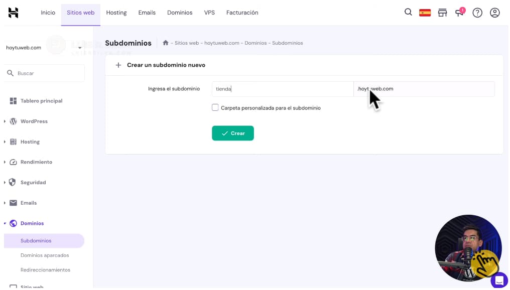 Crear subdominio en Hostinger