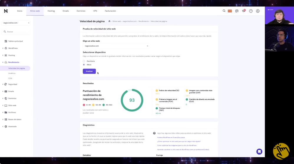 Velocidad de página Hostinger