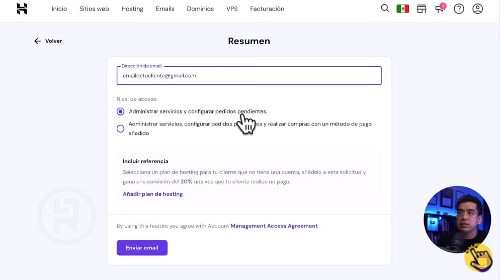 Solicitar acceso cuenta compartida Hostinger