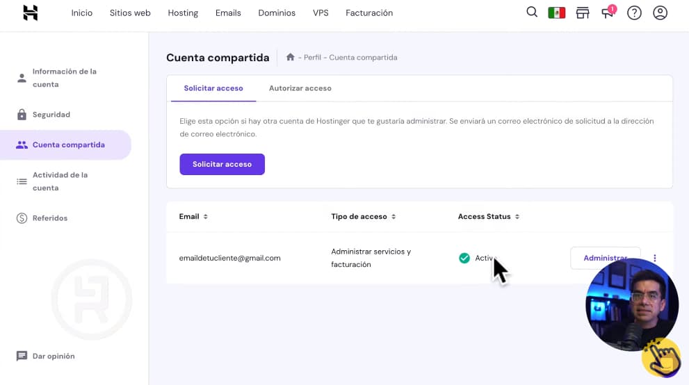 Cuenta compartida activa Hostinger