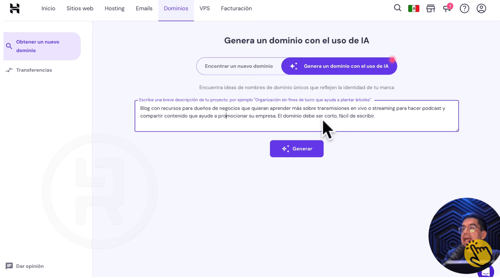 Generador de dominios IA Hostinger