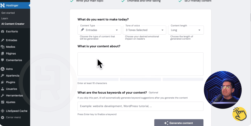 Crear contenido con IA Hostinger
