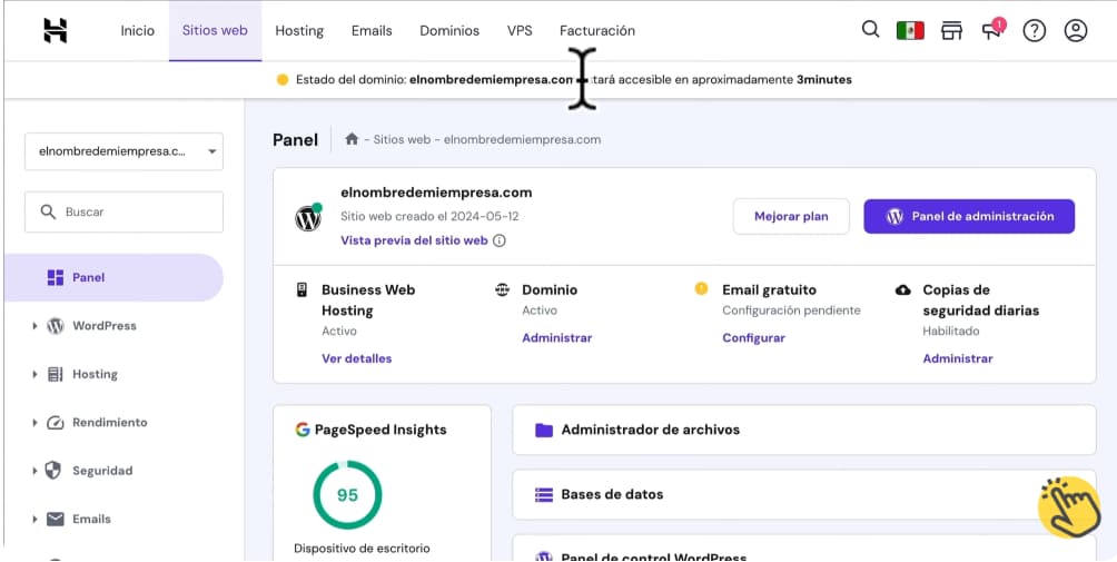 Panel de administración de hostinger