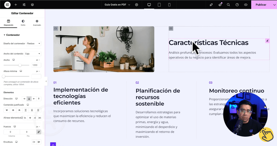 Sección de características técnicas en landing page